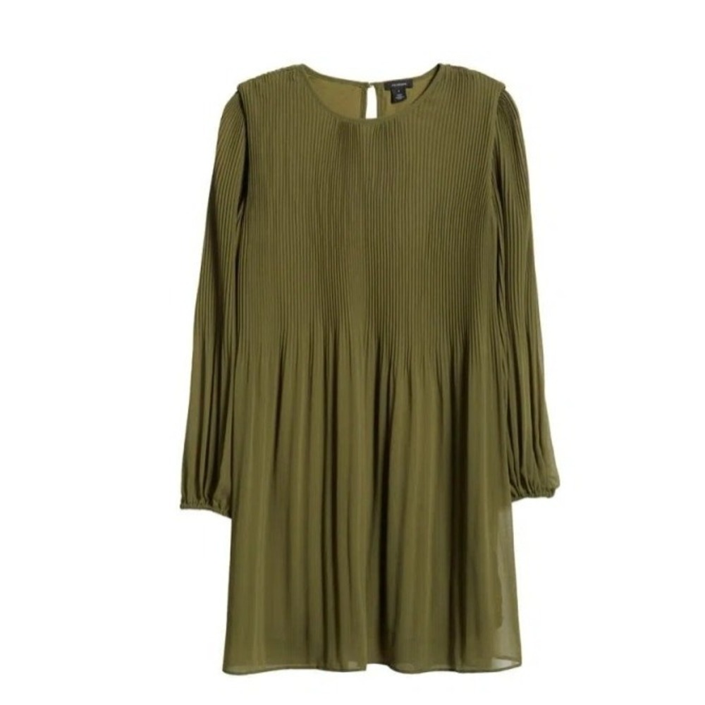 New Halogen Plisse Long Sleeve Dress Olive Green S Small NWOT short Knee